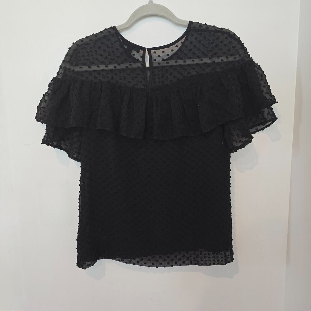 J.Crew Women’s Black Swiss Dot Blouse Silk Blend Short Sleeve Ruffle Size 2 XS - Picture 8 of 11